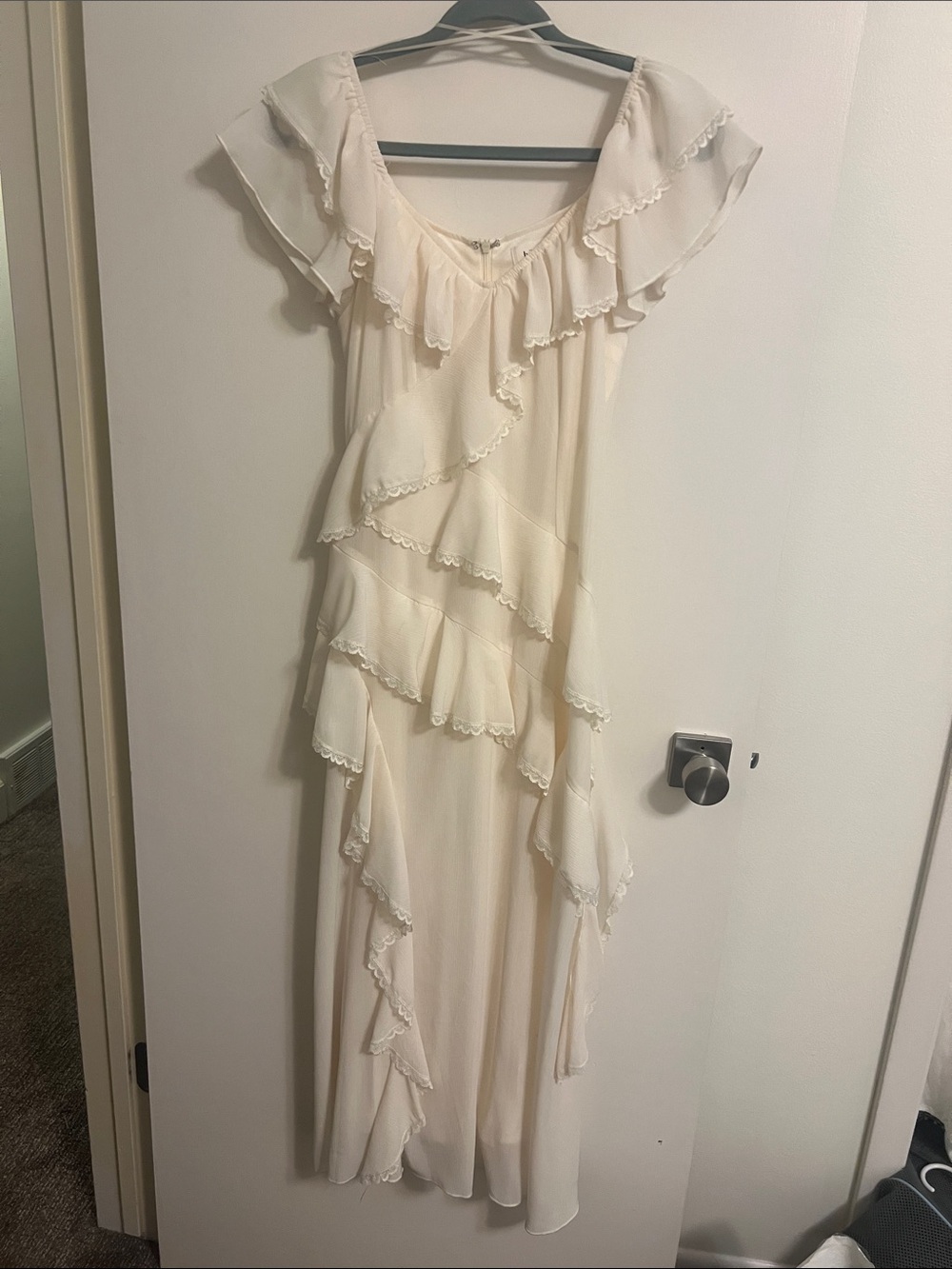 bohme Cream Ruffle Tiered Midi Dress
